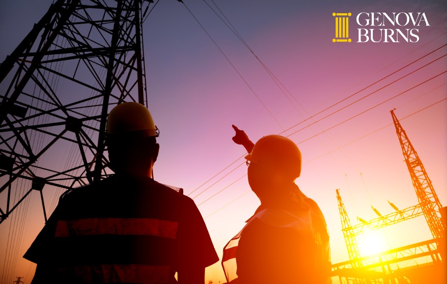 two line workers watching the power tower and substation 